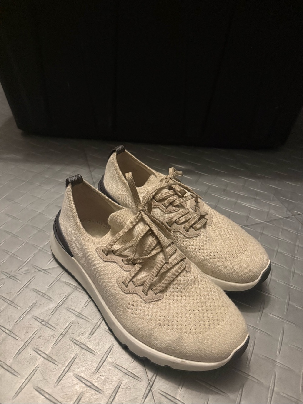 Brunello Cucinelli Beige Knit Lace-Up Sneakers with Dark Heel